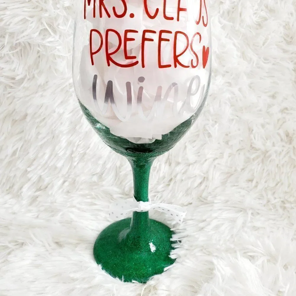 Mrs Claus Prefers Wine Green Glittered Stemmed Wine Glass, Funny Christmas Glass